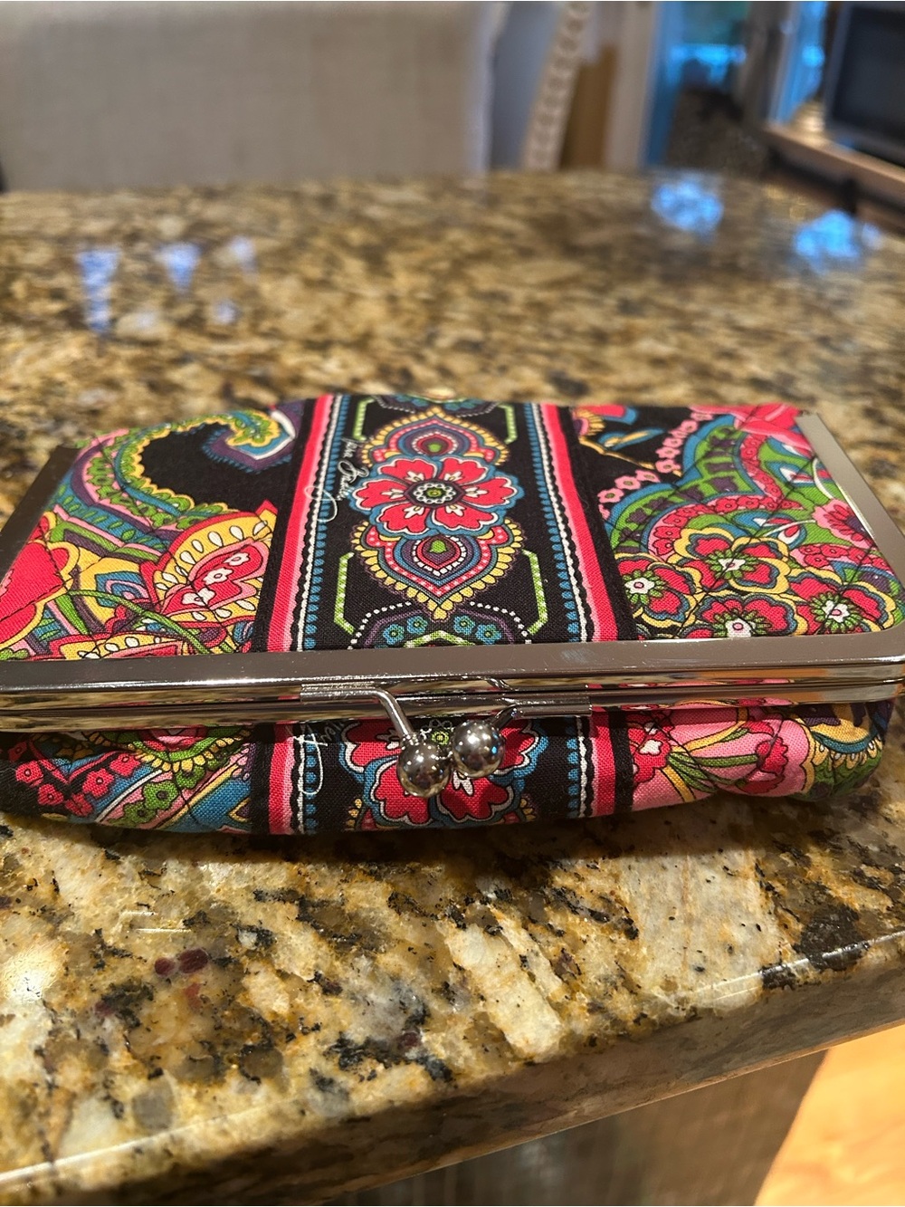 Vera Bradley Black Floral Paisley Clasp Wallet with Pink and Green Accents